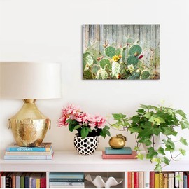 Cactus Flower Wall Art Canvas Print, Desert Succulent Plants with Rustic Wood Background Picture for Farmhouse Green Gray Bathroom Decor 15 x 12