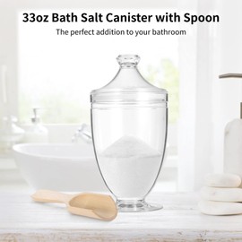 OMISTAR Acrylic Bath Salt Jar with Wooden Scoop, 33oz Bath Salt Container with Airtight Lid, Shatter Proof Acrylic Apothecary Jars, Bathroom Storage Organizer for Bathtub Decor, BPA Free