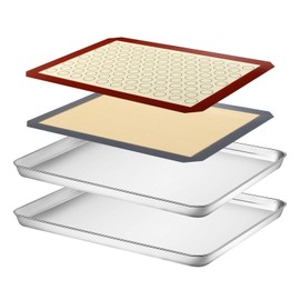 Baking Sheet with Silicone Mat Set, Yododo Set of 4 (2 Sheets + 2 Mats), Stainless Steel Cookie Sheet Baking Pan Tray with Silicone Mat, Non Toxic & Heavy Duty & Easy Clean - Size of 16 inch