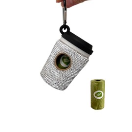 Dimond Bling Coffeecup leak-proof Dog poop bag holder for Leashes with Carabiner,Rhinestone crystal dog waste bag dispenser,Includes 15 Fresh Scented Bags,pet accessories for gifting, wedding