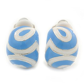 15mm L/C-Shape Enamel Clip-on Earrings in Blue/White Colours/Rhodium Plated