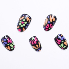 Flower Press on Nails Round Short Glue on Nails Black Full Cover Fake Nails with Dots Designs Oval Acrylic Artificial Nails Colorful Nails Press ons Glossy Stick on Nails for Women Girls Manicure Art