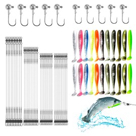75pcs Fishing Accessories, 40pcs Steel Leader Pike, 4 Sizes Steel Leader with Buckle and Rotary Shaft, 22pcs Rubber Fish, 10pcs Jig Heads, Fishing Accessories for Saltwater and Freshwater Fish