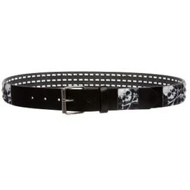 Snap On 1 1/2" Skull & Cross Bone Printed Punk Rock Studded Belt, Black | L - 38"