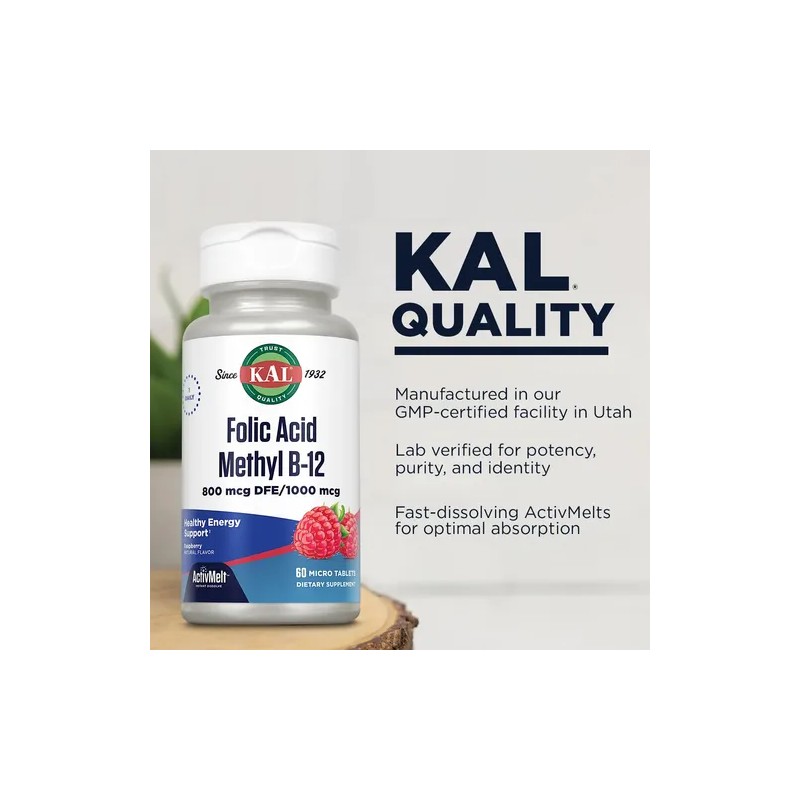 Kal Tabletas Ácido Fólico 800 Mcg Metil B-12 Frambuesa 60