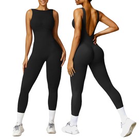OEAK Womens Sleeveless Jumpsuits Crew Neck Unitards Scrunch Butt Tummy Control Bodycon Full Length Seamless Workout Romper Black XL