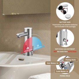 HHOOMMEE Automatic Touchless Bathroom Sink Faucet Motion Activated Sensor Hands Free Auto Off 1 Hole Commercial Infrared Brass Basin Faucets Adjustable Cold Hot Single Handle Water Mixer（Chrome）