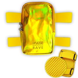 Holographic Thigh Bag No-Slip-Padded Backing - Inner Pockets & Double Zipper Carnival Thigh Bag for Women - Iridescent Leg Bag - Reflective Phone Holder (Gold)