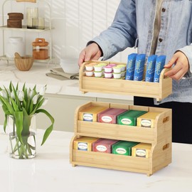 Tea Holder for Tea Bags Organizer - Bamboo Tea Organizer for Tea Bags 3-Tier Stackable Wall Mount Large Capacity Tea Storage Box (natural)