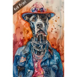 Dog Great Dane in rock star outfit watercolor Art 4x6 Print