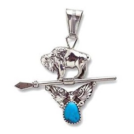 South Western Art GmbH Native American Jewellery Silver Pendant Turquoise Bison Buffalo with Spear Indian Pendant Western Jewellery Navajo Tribe