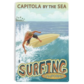 Lantern Press 12x18 Inch Metal Sign, Capitola, California, Capitola by The Sea Surfer Scene