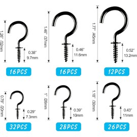 ASTARON Pack of 130 Screw Hooks, Black, Cup Hooks, Ceiling Hooks, Metal Screw-In Hooks, Made of Nickel Plate, Cup Hooks for Hanging Plants, Cups, Multi Size