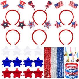Suncalla 36 Pcs 4th of July Decorations Party Favors Red White Blue Accessories, American Headbands Flag Necklaces Sunglasses Bracelet Funny for Independence Day Memorial Day Party Parades (6 People)