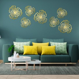 7 Piece Metal Wall Decor for Living Room, Boho Double Layered Iron Flower Wall Hanging Art, Aesthetic Indoor Metal Wall Sculpture Decor for Bedroom Kitchen Bathroom Farmhouse Home Office, Gold