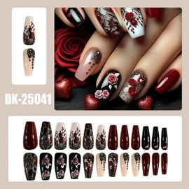 Cute Medium Coffin Press on Nails 24Pcs False Fake Nails Simple with Black Red Rose Design French Tip Full Cover Thick Glossy Acrylic Glue on Nails Stick on Nails for Women DK-25041