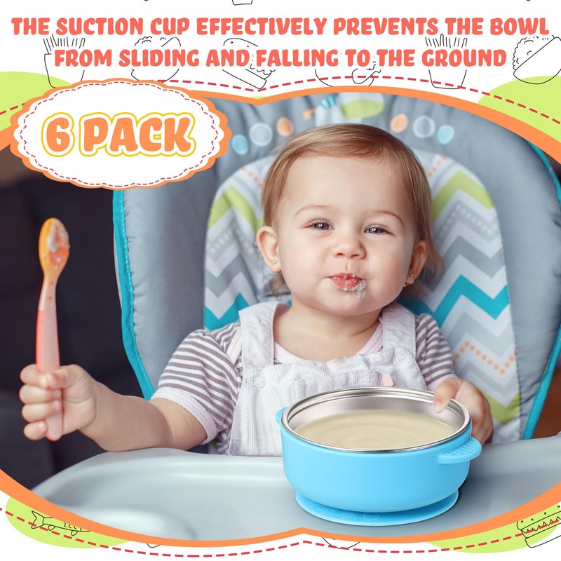 Nuogo 6 Pcs Stainless Steel Baby Bowls with Removable Silicone