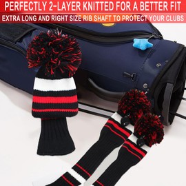 Golf Club Head Covers Knit for Woods Driver Fairway Hybrid Head Cover Knitted Pom Pom Stripes Pattern for Main Wood Clubs (Black&Red-Driver-1 Pcs)
