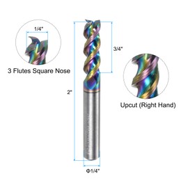 sourcing map Carbide Square End Mill, 1/4" Diameter Diamond-Like Carbon Coated 3 Flutes Milling Bit Cutter, for Aluminum Copper Non-Ferrous Metal, 1/4" Shank 3/4" Cut Length 2" Long HRC50