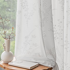 Anmao White Semi Sheer Non-See-Through Curtains 63 Inch Length 2 Panels, Flower Pattern Drapes for Living Room Bedroom, Rod Pocket Light Filtering Privacy Window Treatments with Floral, 52x63 Inch