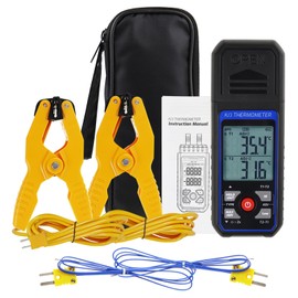 Dual Channel K/J Thermometer with 4 Probes & 2 Pipe Clamps – -200°C to 1372°C (-328°F to 2501°F), Alarm, Backlight Temperature Meter for HVAC Tools, Industrial Thermometer