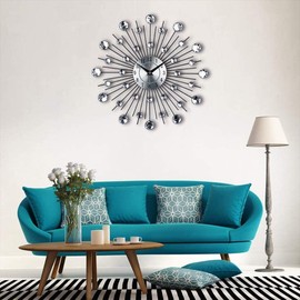 Timelike Diamond-studded Wall Clock - 3D Crystal Art Dial Wall Clock Modern Fashion Metal Needle Round Design Silver Diamond Clock Wall Clock Décor for Living Room Bedroom