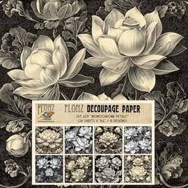 Decoupage Paper Pack (24 Sheets 6"x6") Monochrome Lotus Petals: Graceful Black-and-White Floral Artworks Perfect for Stylish Modern Crafts # Vintage Styled Paper for Craft and Scrapbooking