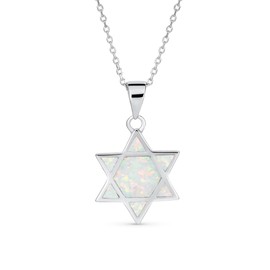 Hanukkah Stomach Judaic White or Blue Created Opal Inlay Star of David Pendant Necklace for Bat Mitzvah for Women Teenagers .925 Sterling Silver, Opal