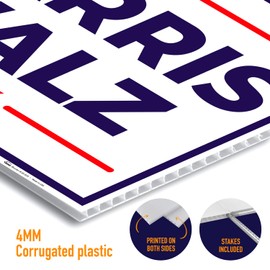 Harris Walz 2024 Yard Sign, Kamala for President and VP Sign 18x24 Inches Coro Plastic Double Sided with Metal H Stake Waterproof, Outdoor Lawn Signage, Made in USA by Armo