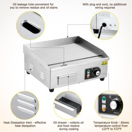 Takywep 14 inch Commercial Electric Griddle, 1500W Countertop Griddle, Non-Stick Restaurant 110V Teppanyaki Flat Top Grill Stainless Steel Adjustable Temperature Control 122°F-572°F (with PLUG)