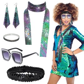 Pack of 5 Disco Accessories, 70s Costume Sequins Leg Warmers Disco Sunglasses Women's Earrings Bracelet Headband and Scarves 70s 80s Glitter Disco Costume Festive Outfit Women