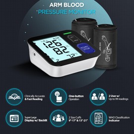 Blood Pressure Machine Upper Arm, 2 Size Cuffs Fit Arms from Medium 9"-17" to Extra Large XL Cuff 13"-21", Accurate Automatic Digital BP Monitor Home Use, Large Backlit LCD, BP Cuff with 2-User Mode