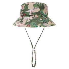 QKURT Kids Sun Hat, Summer Bucket Hat with Dinosaur Pattern, Adjustable Windproof Fishing Beach Play Cap with Breathable Mesh Lining for 2-6 Years Old
