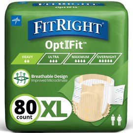 FitRight Adult Diapers, Extra Heavy Absorbency, XL (Waist Size 56in-64in), 80 Count, OptiFit Incontinence Briefs for Men and Women, Disposable, Moisture Wicking, Leak Protection,
