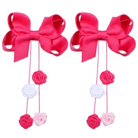 Hot Pink Floral Tassel Hair Bow Clip Barrettes 3.5" for Flower Girls Boutique Grosgrain Ribbon Alligator Hairpins Toddler Teen Summer Valentines Dress Accessory Gift Set of 2