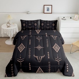 Bull Skull Comforter Set King Boho Bedding Ethnic Horns Bohemian Bedding Comforter Sets Black Brown Tribal Symbol Mysterious Aztec Bedroom Decor Abstract Geometric Duvet Insert for Men Boys