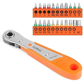 HORUSDY 23-Piece 1/4 Mini Ratchet Offset Screwdriver Bit Set, S2 Steel Right Angle Screwdriver with 90 Degree Mini Offset Reversible Drive Handle& Multi Hex/Phillips/Slotted/Torx Star Bit