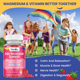 Magnesium Gummies for Kids - Magnesium Citrate + Vitamin B6 & D3 - Great Tasting Kids Magnesium Calm Gummies for Nerve Bone and Muscle Health for Kids Wellness, Vegan Strawberry Flavor 60 Count