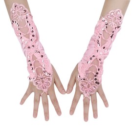 HAOZAIKEJI Women Lace Up Arm Sleeves Fingerless Floral Gloves Lolita Satin Elbow Handwear, Pink, adjustable