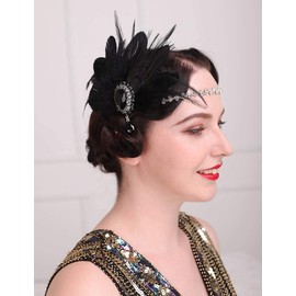 Aimimier 1920s Flapper Feather Hair Clip with Crystal Head Chain Roaring 20s Headpiece Costume Masquerade Gatsby Hair Jewelry for Women and Girls (Style 2)