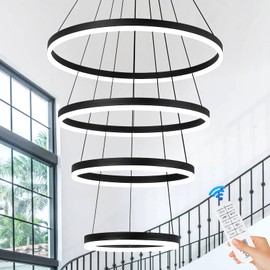 XGZL · LIGHTING 4-Rings Modern LED Chandelier Black Contemporary for Living Room, Dimmable Flush Mount High Ceiling Pendant Light with Remote Control for Staircase Dining Room(D23.6’’, 3000K-6500K)