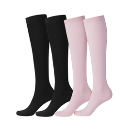 PLZSITDOWN Women's Knee High Socks - Stripe Soft Cotton Thin Athletic Stocking Tube Socks, 2 Pairs Pure Black Pink, One Size