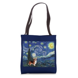 Funny Corgi Starry Night Van Gogh Design Tote Bag