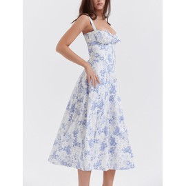 CHARTOU Women Spaghetti Strap Midi Dress Corset Sleeveless Square Neck Dress Floral Split Cottagecore Dress (Small, Blue Floral)