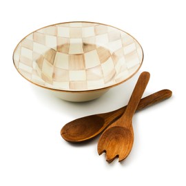 MACKENZIE-CHILDS Enamel Salad Serving Set, Enamel Bowl and Wooden Salad Servers, Decorative Kitchen Set, Brown-and-White Mocha Check