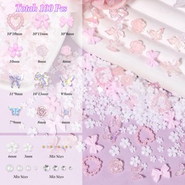 1000 Pcs White Flower Nail Charms, 3D Tiny Flowers Charms for Acrylic Nails Mixed Pink Bows Butterfly Petal Nail Art Charms, Caviar Beads and Half Nail Pearls for Manicure Nail Accessories