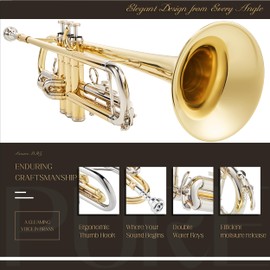 AKLOT Hand-Hammered Bell Bb Trumpet: Smooth Valve Action, Clear-Lacquered Brass Body, Standard Trumpet Beginner Set with Leather Case, Lesson Book, Trumpet Mute, Mouthpiece, Cleaning Kit (SNR-BrzED)