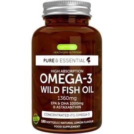 Omega-3 Wild Fish Oil & Astaxanthin, The Most Advanced High Absorption rTG Omega-3, EPA & DHA 1000mg, Ultra Pure; Free from Environmental Toxins, Lemon Flavour, 180 Softgels, by Igennus
