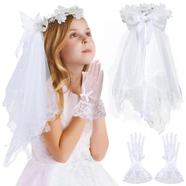 First Communion Veil for Girls - White Flower Crown with Lace Gloves, Holy Mantilla Pearl Floral Edge Chapel Veil Catholic