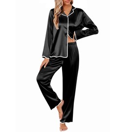 Ekouaer Satin Pajamas Set Silk Pjs 2 Piece Satin Sleepwear Long Sleeve Button Down Lounge Sets With Pant Black L